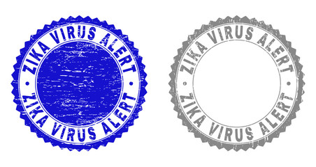 Grunge ZIKA VIRUS ALERT stamp seals isolated on a white background. Rosette seals with grunge texture in blue and gray colors. Vector rubber watermark of ZIKA VIRUS ALERT label inside round rosette.