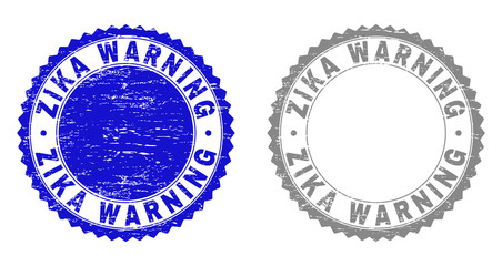 Grunge ZIKA WARNING stamp seals isolated on a white background. Rosette seals with distress texture in blue and grey colors. Vector rubber stamp imitation of ZIKA WARNING caption inside round rosette.