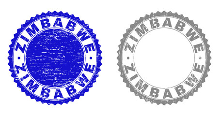 Grunge ZIMBABWE stamp seals isolated on a white background. Rosette seals with grunge texture in blue and grey colors. Vector rubber watermark of ZIMBABWE text inside round rosette.