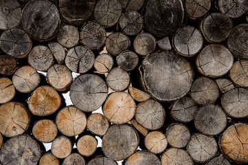 Textured background of the cracked grey and light brown firewood logs in cut