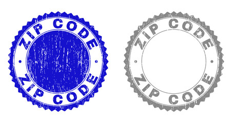 Grunge ZIP CODE stamp seals isolated on a white background. Rosette seals with distress texture in blue and gray colors. Vector rubber stamp imprint of ZIP CODE label inside round rosette.