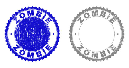 Obraz premium Grunge ZOMBIE stamp seals isolated on a white background. Rosette seals with distress texture in blue and grey colors. Vector rubber stamp imitation of ZOMBIE tag inside round rosette.
