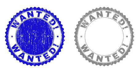 Obraz premium Grunge WANTED! stamp seals isolated on a white background. Rosette seals with grunge texture in blue and gray colors. Vector rubber stamp imprint of WANTED! text inside round rosette.