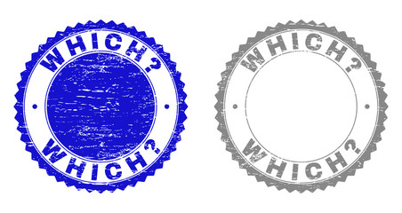 Grunge WHICH? stamp seals isolated on a white background. Rosette seals with grunge texture in blue and gray colors. Vector rubber stamp imitation of WHICH? tag inside round rosette.