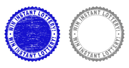 Grunge WIN INSTANT LOTTERY! stamp seals isolated on a white background. Rosette seals with grunge texture in blue and grey colors.