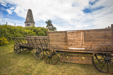 Obraz premium The typical historic wooden carriage on a meadow.