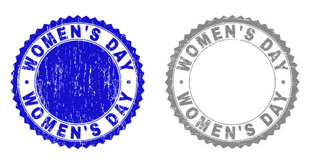 Grunge WOMEN'S DAY watermarks isolated on a white background. Rosette seals with grunge texture in blue and gray colors. Vector rubber stamp imitation of WOMEN'S DAY text inside round rosette.