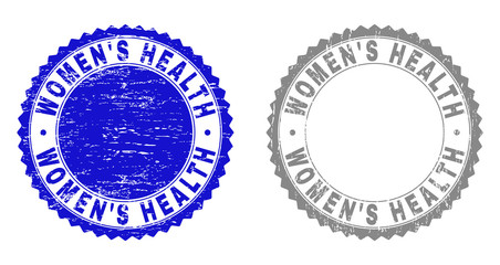 Obraz premium Grunge WOMEN'S HEALTH stamp seals isolated on a white background. Rosette seals with grunge texture in blue and gray colors. Vector rubber overlay of WOMEN'S HEALTH text inside round rosette.