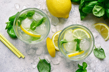 Homemade summer basil lemonade.Top view with copy space.