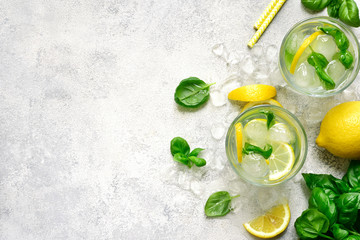 Homemade summer basil lemonade.Top view with copy space.