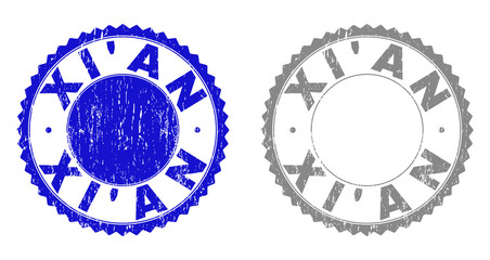 Grunge XI'AN stamp seals isolated on a white background. Rosette seals with grunge texture in blue and gray colors. Vector rubber stamp imprint of XI'AN title inside round rosette.