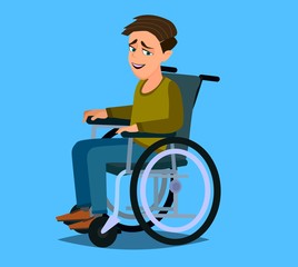 Cute disabled boy kid sitting in a wheelchair. Handicapped person. Colorful flat style cartoon vector illustration.