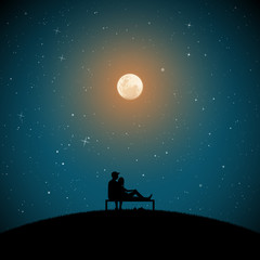 Fototapeta na wymiar Lovers sitting on bench on moonlit night. Vector illustration with silhouette of loving couple in park. Full moon in starry sky