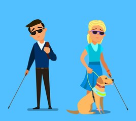 Illustration of a Blind Boy Being Guided by a Seeing Eye Dog