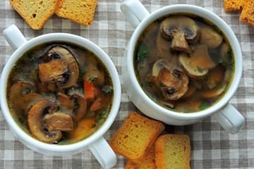 Fresh homemade mushroom soup in a tureen.