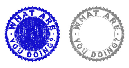 Grunge WHAT ARE YOU DOING? watermarks isolated on a white background. Rosette seals with grunge texture in blue and grey colors.