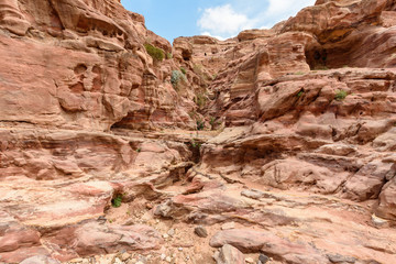 Mountain landscape with bizarre rock formation. Petra, Jordan.