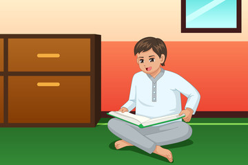 Boy Reading Book at Home Illustration