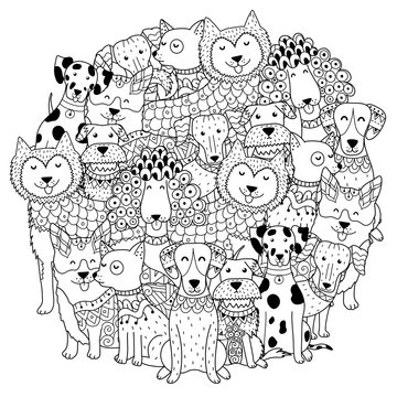 Funny dogs circle shape pattern for coloring book. Vector illustration