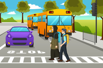 Two Students Crossing the Street to Go to School
