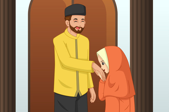 Muslim Girl Kissing Her Father Hand