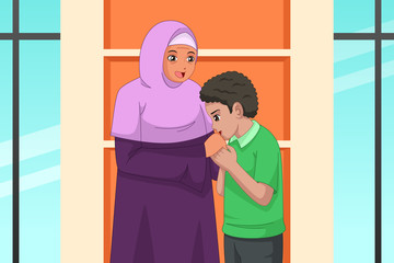 Muslim Boy Kissing Her Mother Hand Illustration