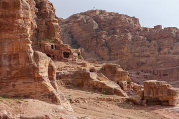 Landscape with tombs in Petra, Jordan. Evening.