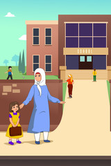 Muslim Mother with her Daughter in School Illustration