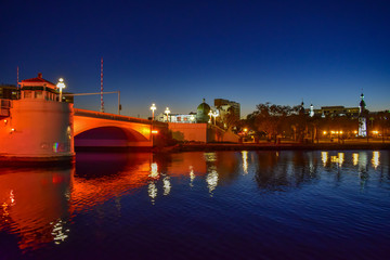 Tampa Bay, Florida. January 19 , 2019 . Illuminated and colorful bridge in West Kennedy Boulevard...