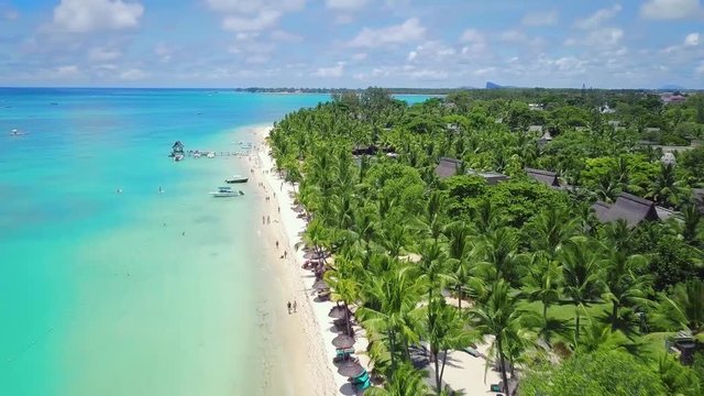 Aerial view of beautiful, exotic beach in Mauritus. Trou aux Biches, Mauritius island. The best beach of the world.
