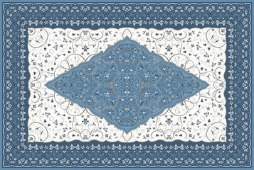Vintage Arabic pattern. Persian colored carpet. Rich ornament for fabric design, handmade, interior decoration, textiles. Blue background. - 249397847