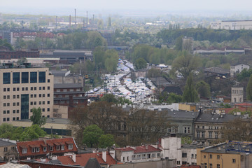 View from the tower of the church of Saint Elisabeth to Świebodzki Bazaar, Świebodzki railway station, buildings, chimneys, industrial plants. Wrocław, Breslau, Wroclaw, Lower Silesia, Polen, Poland