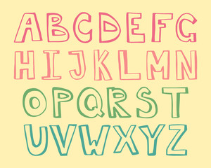 Colorful alphabet for your banners or invitations. Set of handdrawn letters made in vector isolated on beige background