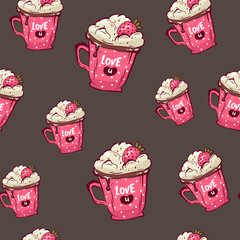 seamless pattern. sweet cup of coffee or hot chocolate with cream, strawberry, on brawn background, hand drawn vector illustration. for textile, web design, print, wrapping paper.