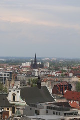 Warm, spring day in Wroclaw. View from the tower of the church of St. Elisabeth to the old town, churches, buildings, tenement houses, office blocks, blocks of flats. Breslau, Wrocław, Poland, Polen