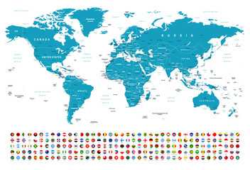 Fototapeta na wymiar World Map and Flags - borders, countries and cities -illustration