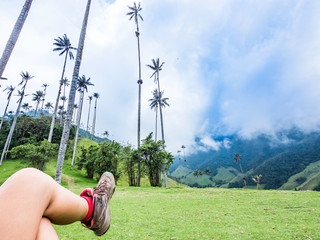 Hiker enjoying the scenic Palm Tree Forest in Valle del Cocora in Salento Colombia