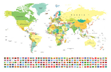 Fototapeta premium Mapa świata i flagi - granice, kraje i miasta - ilustracja