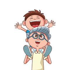 grandfather carrying grandson smiling