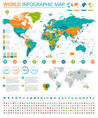 World Map and Flags - borders, countries and cities - infographic illustration