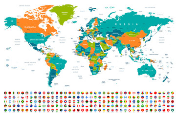 Obraz na płótnie Canvas World Map and Flags - borders, countries and cities -illustration