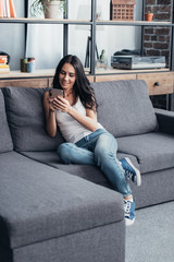 Smiling brunette woman with smartphone sitting on sofa