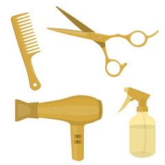 Hairdressing equipment. Scissors, hair dryer, hair comb and water spray bottle. Gold colored. Vector Illustration.