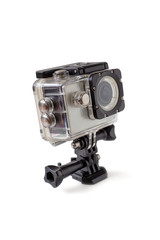 Digital action camera with special mounts and transparent box for underwater video shooting. Video camera for active lifestyle