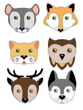 A set of cute animal muzzles. Children's illustration - funny animals. Mouse, Dog, Cat, Deer, Owl, Fox. Vector images with muzzles.