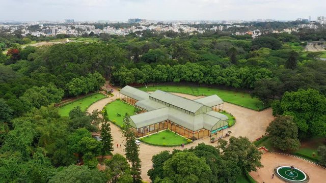 bangalore city famous botanical garden glasshouse aerial panorama 4k india