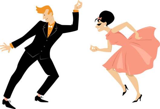 Young couple dressed in 1960s fashion dancing retro style, EPS 8 vector illustration