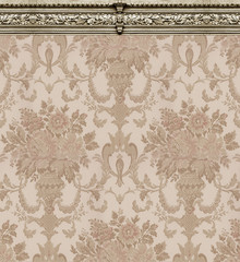 Tan Damask Wallpaper With Ornate Molding