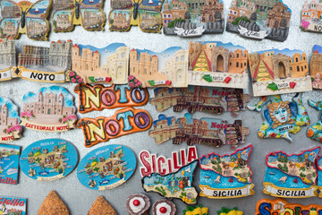 Several souvenirs representing various typical products of Sicily
