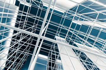 Obraz premium steel structure of roof frame architecture, abstract detail of metal grid design in building construction industry background